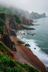Misty Aerial View of Alslot de la Torre's Rocky Seaside with Lush Greenery and Brown Sands, Captured in High-Resolution with a Canon EOS.