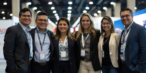 businesspeople teamwork posing smiling looking at the camera at a business industry expo convention center meeting