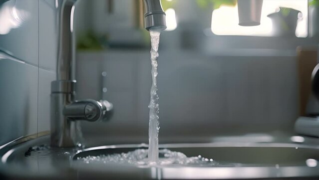 The faucet of the kitchen sink is running and water is flowing out