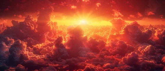 Poster Background of red sky with clouds. The sunset background has copy space for design. Concept of horror, catastrophe, armageddon, war, terror, terrorism, disaster, end of the world, concept. © Diana