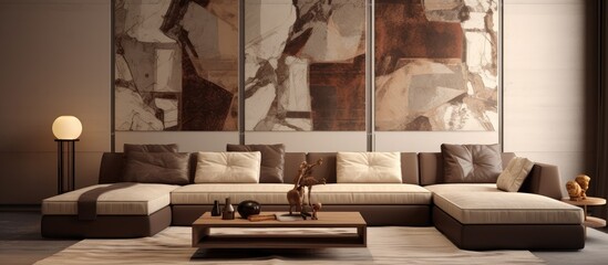 Abstract interior design in shades of brown and beige.