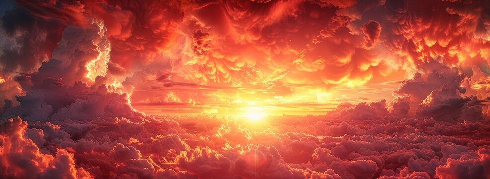There is a red sky with clouds in the background with space for design on top. A fiery red sunset background with copy space for design. This image conveys the concept of horror, cataclysm, end of