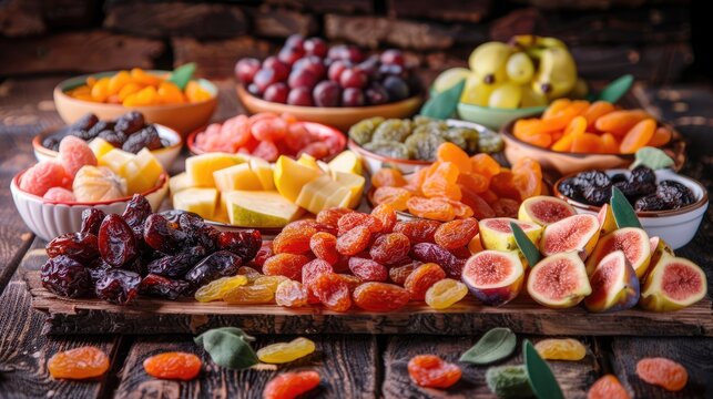 Nutritious Dried Fruits and Fruit Mixes Laid Out on Wooden Table