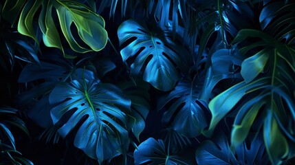 Tropical Leaves Illuminated with Blue and Green Lights

