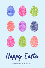 Easter greeting card. Background with painted eggs pattern. Vector illustration