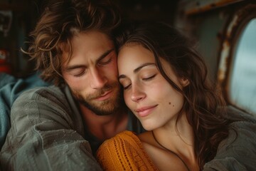 A couple in love in a comfortable railroad car.