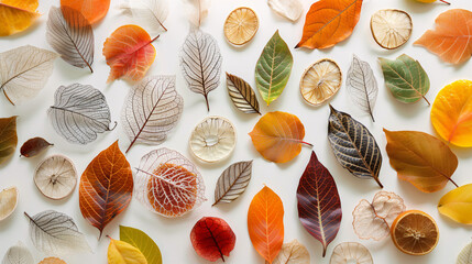 A vibrant assortment of transparent skeletal leaves and citrus slices on a white background. - obrazy, fototapety, plakaty