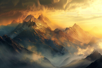 A dramatic mountain landscape at dawn, with misty peaks and golden hues, ideal for a message of inspiration or adventure - obrazy, fototapety, plakaty