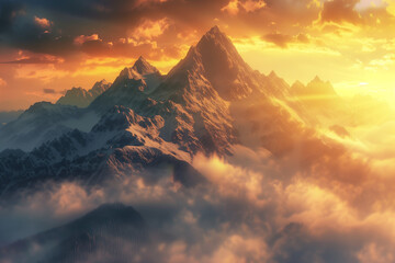 A dramatic mountain landscape at dawn, with misty peaks and golden hues, ideal for a message of...