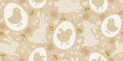 Easter egg, bunny, chicken on craft paper. Beige floral background. Spring seamless pattern with rabbits, flowers, chickens in egg on retro rice paper. Easter craft pattern vector vintage illustration