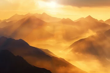 Zelfklevend Fotobehang A dramatic mountain landscape at dawn, with misty peaks and golden hues, ideal for a message of inspiration or adventure © The Picture House