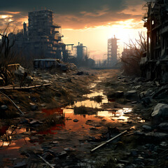 Dystopian wasteland with remnants of a forgotten city - obrazy, fototapety, plakaty