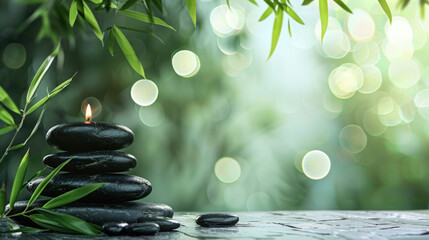 Obraz na płótnie Canvas Calm, balanced stack of black massage stones, glow of candles and bamboo leaves on a green background, spa background
