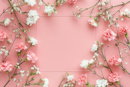 Pink greeting card with floral frame, top view. Mother's Day, Woman's Day, Easter, Valentine's Day, Wedding, and Birthday celebration concept.