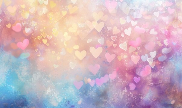 Colorful hearts glow on a dreamy multicolored background