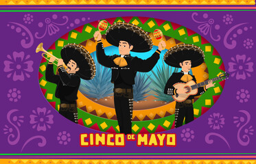 Cinco de Mayo holiday paper cut banner with Mexican mariachi musician characters, vector background. Mexican music band men in sombreros with guitar, maracas and trumpet playing mariachi music