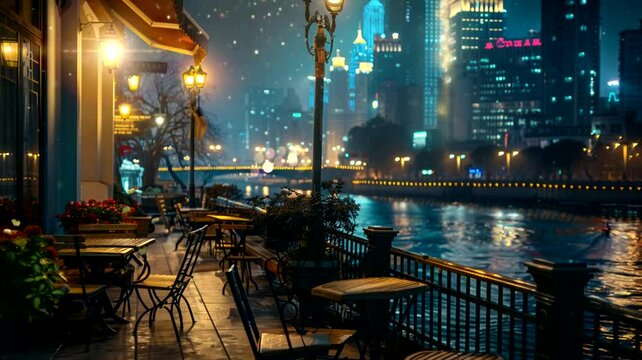 Cafe scene by the river at night with fireworks