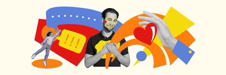 Panoramic creative collage young man woman textbox communication phrases bubble exclamation mark speech say heart drawing background