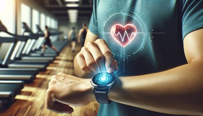 a fitness enthusiast using a health tracking smartwatch in the gym with a holographic heart. AI Generated
