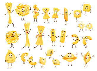 Cartoon pasta characters, Italian cuisine macaroni with funny cute smiling faces, vector happy food. Italian pasta cartoon characters of spaghetti, penne and fusilli with farfalle and ravioli for kids