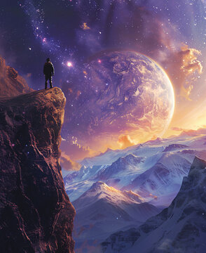 A Person Stands On A Cliff Overlooking Mountains With A Giant Planet Rising.