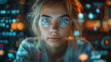 Close-up of woman with glasses looking at a complex display, reflecting the convergence of technology and perception.