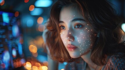 Close-up of woman with glasses looking at a complex display, reflecting the convergence of technology and perception.