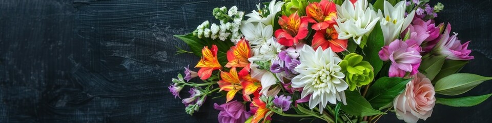 Colorful bouquet of fresh spring flowers on a dark textured background. Greeting card with space for text. Flat lay, top view