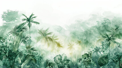 Fototapeta na wymiar Watercolor Painting of a jungle landscape. 