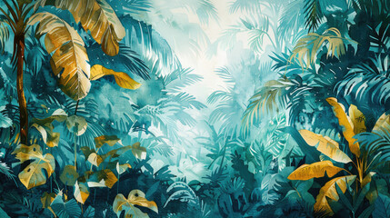 Fototapeta na wymiar Watercolor Painting of a jungle landscape. 