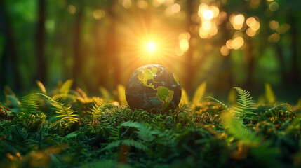 Nestled amidst sunlit foliage, a miniature Earth rests on the forest floor, symbol of Earth Day - obrazy, fototapety, plakaty