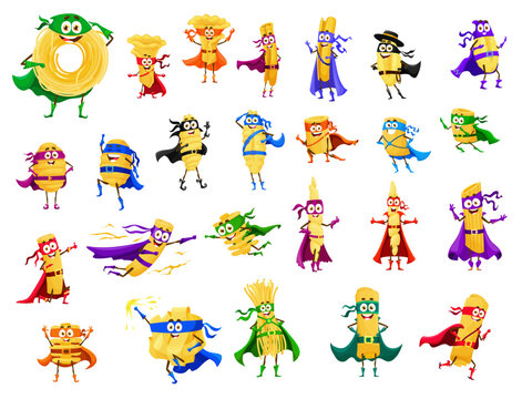 Cartoon italian pasta food superhero characters in super hero costumes, capes and masks. Cute macaroni defenders vector personages, funny gnocchi, capellini, vermicelli, radiatore and pappardelle