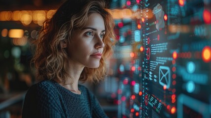 Young Woman Exploring Advanced Digital Interface, Woman gazes intently at futuristic digital graphics, symbolizing advanced technology interaction.