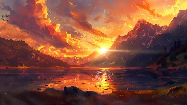 Golden Sunset Painting the Sky Over Mountain Lake, Offering a Stunning Wilderness Scene. Seamless Looping 4k Video Animation
