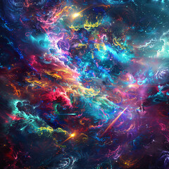 Fototapeta na wymiar Cosmic nebula bursting with vibrant, swirling colors.