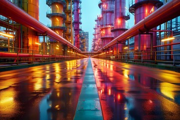 Striking image of an industrial refinery with towering structures and pipes reflecting on a brightly lit wet floor at night