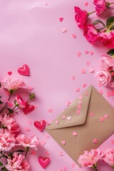 Pink floral greeting card with hearts and envelope on pink background. Mother's Day, Woman's Day, Easter, Valentine's Day, Wedding, and Birthday celebration concept. Flat lay, top view, empty space.
