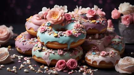 Obraz na płótnie Canvas whimsical heavily decorated pile donuts in pastell colors with icing, flowers and pearls. Dramatic lighting, dark background