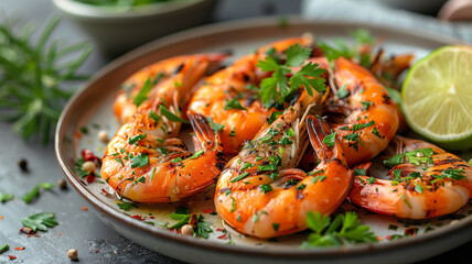 Grilled Tiger Prawns Garnished with Fresh Herbs