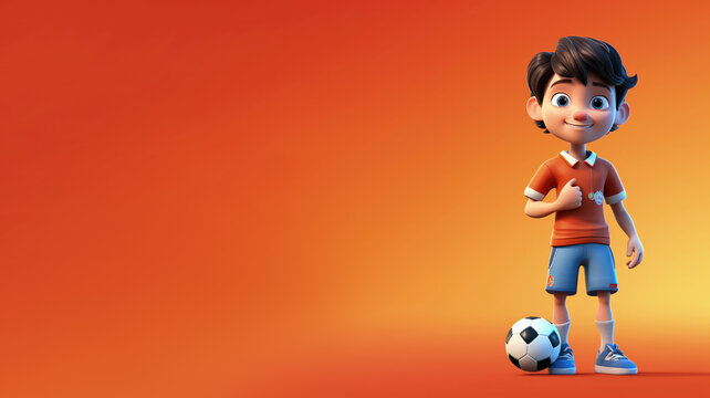 Football player boy, cute adorable cartoon character on isolated transparent background