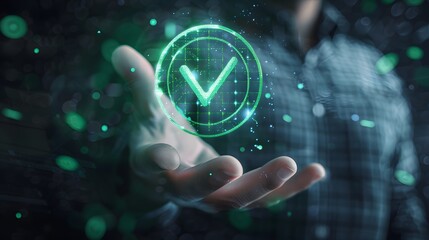 Businessman Holding Digital Hologram of Green Check Mark Symbolizing Certification or Audit Concept