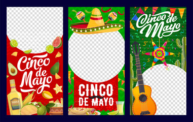 Cinco de Mayo mexican holiday templates, social media and blog posts. Mexico fiesta party vector banners with round frames and cartoon sombrero, guitar, maracas and pinata, tequila, chili and cactus