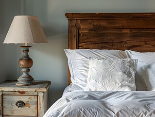 Close Up of Rustic Bedside Table Lamp Adjacent to Bed with Wood Headboard in Modern Bedroom, Blending French Country and Farmhouse Styles