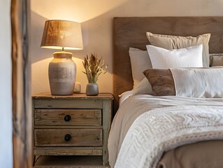 Close Up of Rustic Bedside Table Lamp Adjacent to Bed with Wood Headboard in Modern Bedroom, Blending French Country and Farmhouse Styles