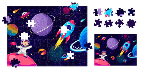 Jigsaw puzzle game pieces. Cartoon galaxy space landscape, rocket and astronaut. Vector educational worksheet for preschool children with funny baby astronaut in cosmos and fell out picture parts