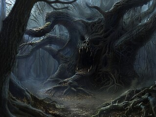 A dark forest where trees twist into grotesque shapes and accursed artifacts are said to grant power at a terrible price
