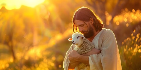 Jesus Christ Tenderly Holding a Lamb with a Sense of Protection and Care, with Copy Space - obrazy, fototapety, plakaty