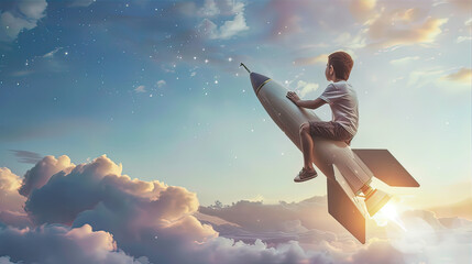 Little boy flies through the sky while sitting on a rocket
 - obrazy, fototapety, plakaty