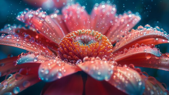 A macro photograph showcases a vibrant red gerbera daisy adorned with sparkling water droplets, emphasizing the flower's vivid colors and textures.