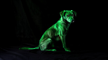 Green dog on black background. Rare and strange green dog